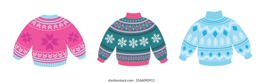 Set of traditional Christmas sweaters. Cute holiday clothes with ornaments. Vector illustration isolated on white background