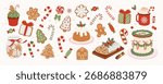 Set of traditional Christmas sweets. Cute hand drawn gingerbread cookies, candy cane, cake, cupcake, Stollen.Vector retro clipart collection for greeting card, poster, holiday decor