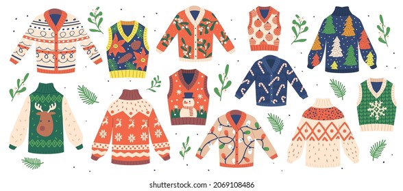 Set of Traditional Christmas Ugly Sweaters Isolated on White Background. Knitted Winter Xmas Pullover with Funny Ornament or Decor Reindeer, Holy Berry, Snowman, Fir-tree. Cartoon Vector Illustration