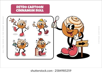 Set of Traditional Cinnamon Rolls Cartoon Illustration with Varied Poses and Expressions