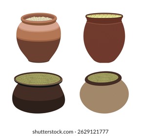 Set of traditional clay pots filled with grains isolated on white background illustration