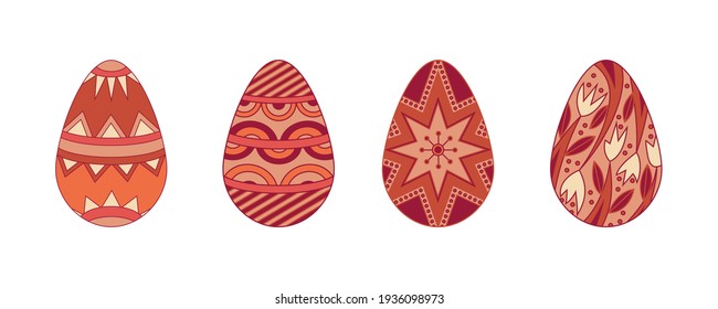 Set of traditional colored easter eggs. Folk ornament style vector illustration. Spring seasonal traditional Christianity holiday. 