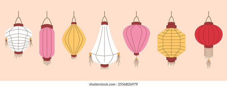 Set of traditional colorful Chinese lantern in various shapes in flat style. Perfect for festivals, celebrations and cultural events. Collection isolated on a white background.