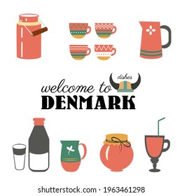 Set of traditional danish dishes,  vector cartoon flat illustration scandinavian tableware isolated on white, decorative colorful symbol, rustic sign for design restaurant menu, cafe