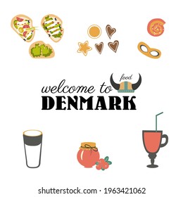 Set of traditional danish food, sea sandwich, ginger cookies, buns, jam, cocktail vector cartoon flat illustration isolated on white, decorative colorful symbol sea food, sign for design restaurant