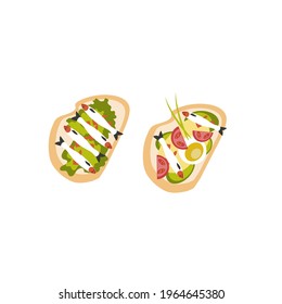 Set of traditional danish sandwich vector cartoon flat illustration isolated on white, burger with bread, salad, fish, vegetable, cheese, decorative colorful symbol sea food, sign for design restaurnt