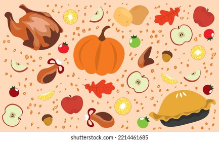 set of Traditional dinner. Traditional dinner table closeup. Pilgrim cuisine dishes with stuffed turkey, apple pie, salad, potato, apples, and pumpkin