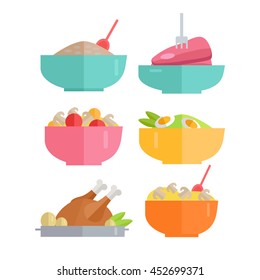 Set of Traditional Dishes Vectors. Flat design. Healthy eating concept. Porridge, steak, salad, poultry pictures for for culinary recipes, cafe menu, cooking, diet illustrating.