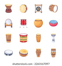 Set of Traditional Drums Flat Icons 

