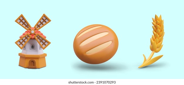 Besteht aus traditionellem holländischem Bauernhaus, rundem Laib und goldenem Weizen. hölzerner Windmühle. Konzept der Mehlherstellung und des Brotbackens. Vektorgrafik im 3D-Stil