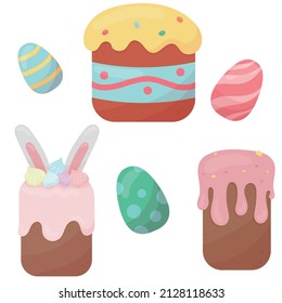 set of traditional easter cakes and painted eggs, cute vector element in flat style isolated