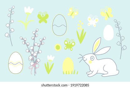 Set of traditional Easter elements for decorating. Bunny, Easter egg, flower, willow branch , butterfly isolated on delicate blue color. Vector illustration with sunny spring mood.
