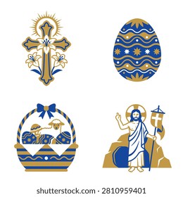 Set of traditional Easter religious symbols including decorated cross lily egg basket and Jesus Christ holding flag illustration