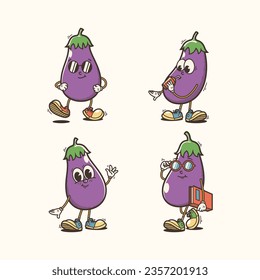 Set of Traditional Eggplant Cartoon Illustration with Varied Poses and Expressions