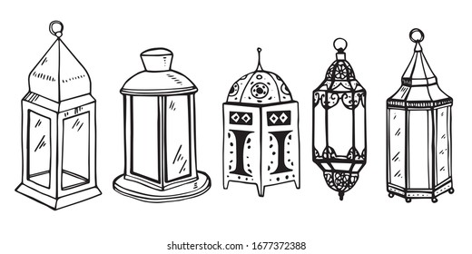 Set with traditional Eid lamps. Hand drawn outline vector sketch illustration