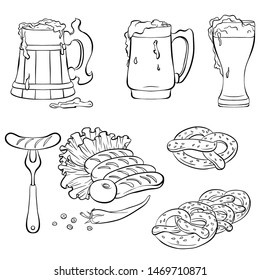 Set with traditional elements of the Oktoberfest beer festival. Line art style. Hand drawn vector illustration isolated on white background