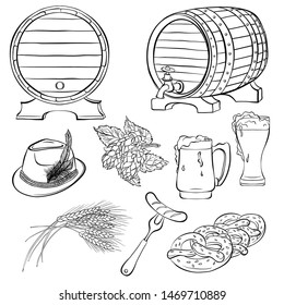 Set with traditional elements of the Oktoberfest beer festival. Line art style. Hand drawn vector illustration isolated on white background