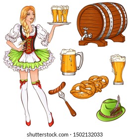 Set with traditional elements of the Oktoberfest beer festival. Girl in traditional Bavarian dress with glasses of beer. Hand drawn vector illustration isolated on white background