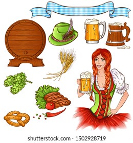 Set with traditional elements of the Oktoberfest beer festival. Girl in traditional Bavarian dress with glass of beer. Hand drawn vector illustration isolated on white background