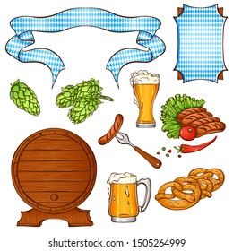 Set with traditional elements of the Oktoberfest beer festival. Brewing. Hand drawn vector illustration isolated on white background