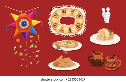 Set traditional elements in winter holidays. Mexico. Posada, Three Kings Day and Candelaria. vector