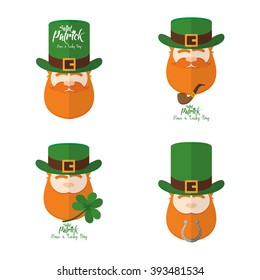 Set of traditional elves with beards, hats and different objects on a white background