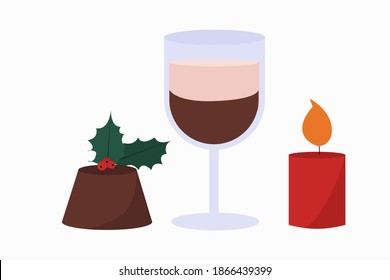 Set for traditional England Christmas dinner of Irish coffee, pudding, candle. Vector flat style illustration. 