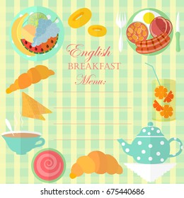 Set of Traditional English Breakfast Items on the Tablecloth in Cage with Place for Menu. Vector EPS 10