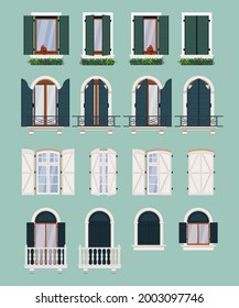 Set von traditionellen europäischen Fenstern. Shutterstock-Fenster. Fassadenelemente. Fensterrahmen der Altstadt. Vektorgrafik.