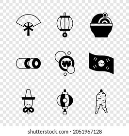 Set Traditional fan, Korean lantern, Ramen, hat, Ginseng root, Sushi and South won coin icon. Vector