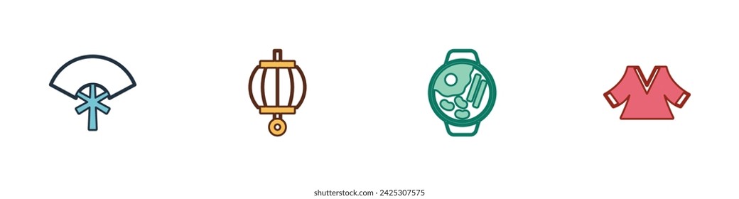 Set Traditional fan, Korean lantern, Ramen and Kimono icon. Vector