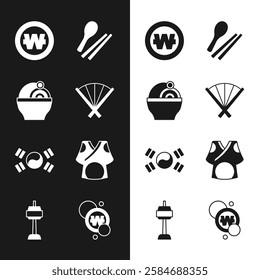 Set Traditional fan, Ramen, South Korean won coin, Food chopsticks, flag, Kimono,  and N Seoul tower icon. Vector