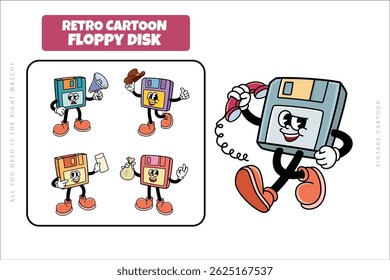 Set of Traditional Floppy Disk Cartoon Illustration with Varied Poses and Expressions