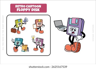Set of Traditional Floppy Disk Cartoon Illustration with Varied Poses and Expressions