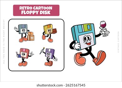 Set of Traditional Floppy Disk Cartoon Illustration with Varied Poses and Expressions