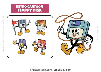 Set of Traditional Floppy Disk Cartoon Illustration with Varied Poses and Expressions