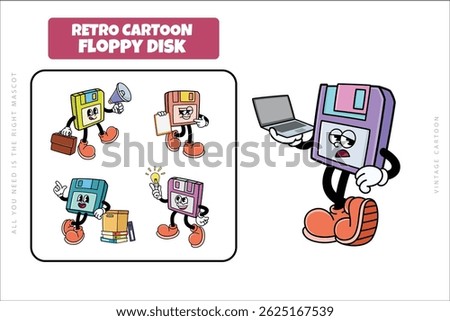 Set of Traditional Floppy Disk Cartoon Illustration with Varied Poses and Expressions
