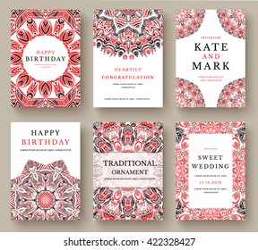 Set of traditional flyer pages ornament illustrations. Vintage art traditional, Islam, Arabic, Indian, ottoman motifs, elements. Vector decorative retro greeting card or invitation design concept