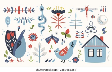 Set of traditional folk clip arts in Scandinavian and Nordic style, hygge isolated designs on white. Classic ethnic elements in vector, naive scandi folk motifs - birds, house, flowers, moth