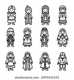 Set of traditional folk costume dolls, nordic doll silhouette, cute hand drawing styles, cultural heritage and diversity of traditional clothing, vector illustration.