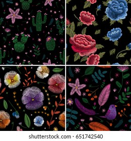 Set of traditional folk fashionable embroidery stitch on a black background. Plant and flower motifs. Rose, cactus, bird, feathers. Pattern, seamless texture, vector illustration