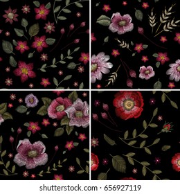 Set of the Traditional folk flower fashionable embroidery on the black background. A bouquet of roses and a dog rose, for printing on clothes, vector, Seamless pattern
