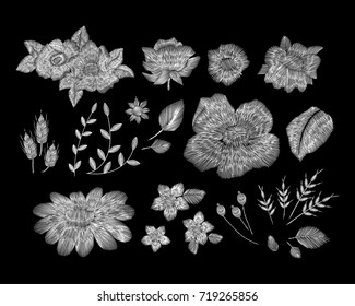 Set of the Traditional folk flower fashionable embroidery on the black background. A bouquet of roses and a dog rose, for printing on clothes, vector