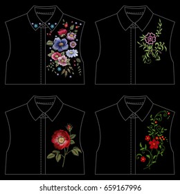 Set of traditional folk stylish fashionable embroidery floral embroidery. Trend sketch for printing on clothing, fabric, shirt and design. vector