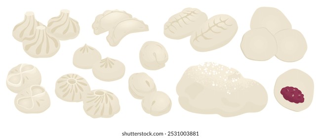 Set con comida tradicional hecha de masa con carne. Pelmeni ruso, khinkali georgiano, Buryat buuz, vareniki. Pasteles hervidos sin endulzar con relleno de carne picada. Ilustración vectorial