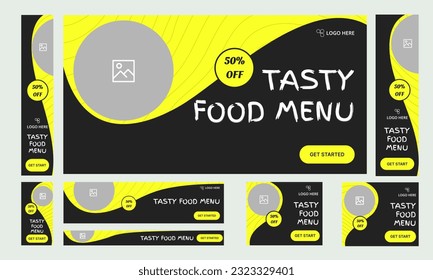 Set of traditional food web banners in standard sizes for social media posts. Food ad banner cover header background for website design, vector eps 10 file format