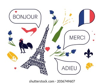 Set of traditional French culture symbols, objects and bubble speeches Hello, Thanks and Bye in France. Flat Art Vector Illustration