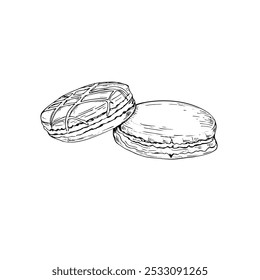 Set of traditional French macarons. Colorful Almond cookies, macaroon cake. Blue, green and red sweet dessert. Watercolor illustration. For package, menu, recipe, label