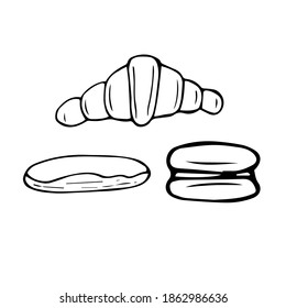 Set of traditional French pastries, vector illustration, croissant, baguette, Eclair, macaroon, hand drawing