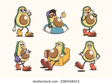 Set of Traditional Funny Avocado Cartoon Illustration with Varied Poses and Expressions